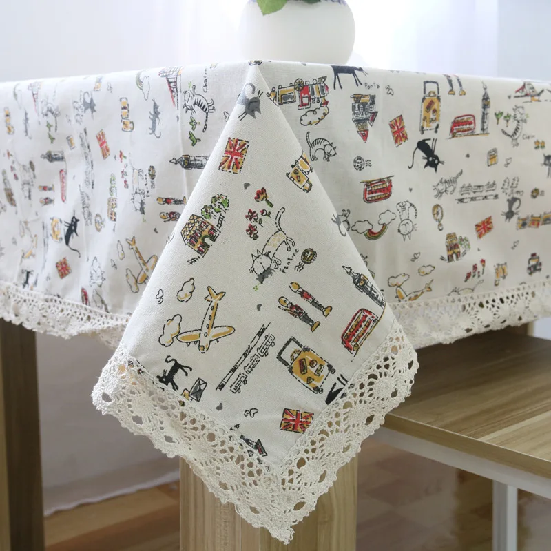 HELLOYOUNG Cat Pattern Decorative Table Cloth Cotton Linen Lace Tablecloth Dining Table Cover