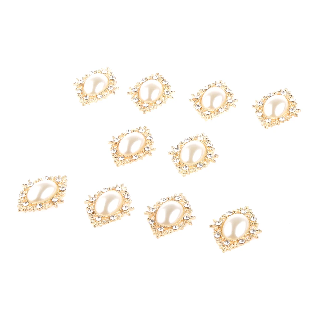 Phenovo 10 Pearl Oval Rhinestone Button Flatback Embellishment Craft Gold