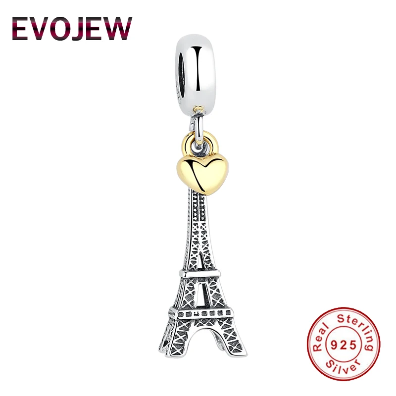 

925 Sterling Silver EIFFEL TOWER Charms Beads fit Original Pandora Bracelet for Women Gold Heart Charms Pendant DIY Jewelry