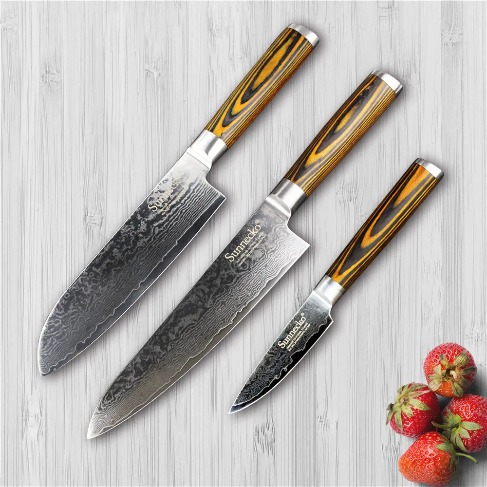 

SUNNECKO 3PCS Kitchen Knives Set Damascus Steel Paring Santoku Chef Knife Japanese VG10 Core Blade Cooking Tool PakkaWood Handle