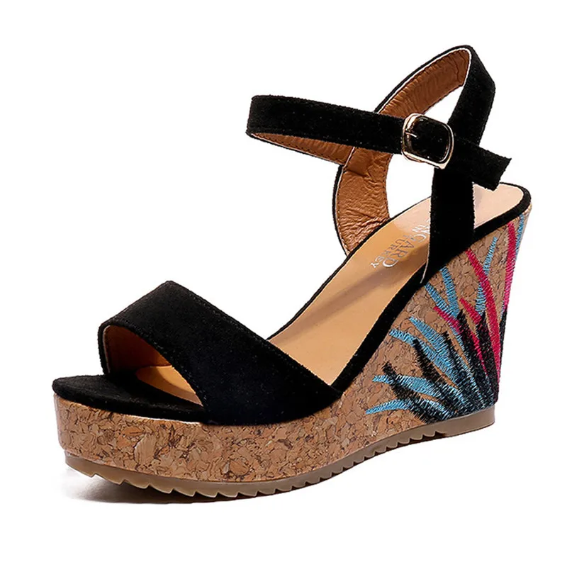 Bohemian Women Sandals Ankle Strap Straw Platform Wedges For Female Shoes Flock High Heels Cover 