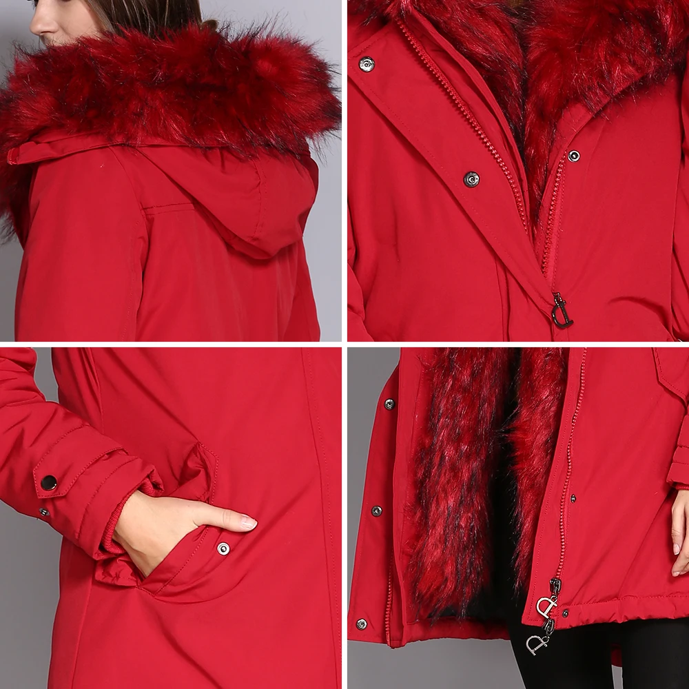 COUTUDI Women's Winter Jacket 2018 Fur Collar Coats Female Warm Parkas Thick Solid Red Hooded Long Coat Cotton Padded Fur Parka COUTUDI Women's Winter Jacket 2018 Fur Collar Coats Female Warm Parkas Thick Solid Red Hooded Long Coat Cotton Padded Fur Parka