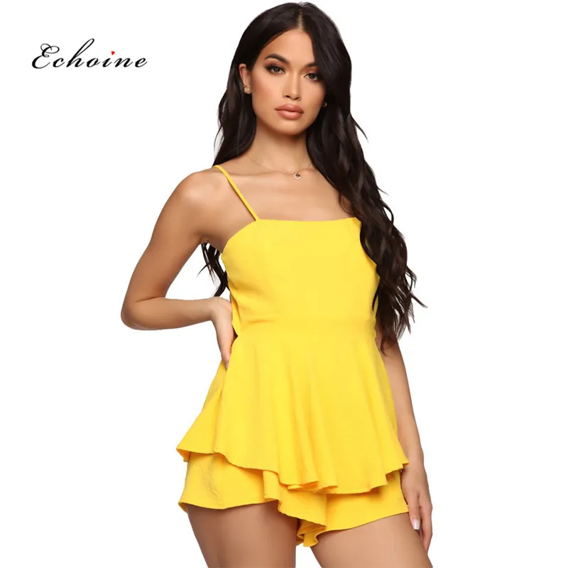 

Echoine Summer Jumpsuit Women Rompers Sexy Spaghetti Straps Off The Shoulder Loose Sweet Cascading Ruffle Short Pants Playsuits