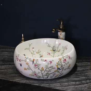 

Europe style chinese Jingdezhen Art Counter Top ceramic bathroom sink painted ceramic basin sink flower and bird