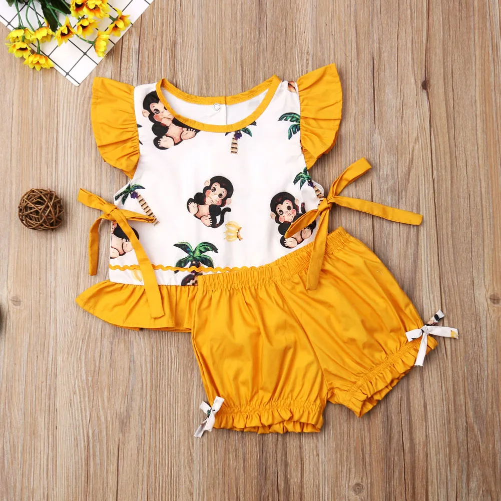 

2Pcs Toddler Kids Baby Girl Monkey Print Tops Sleeveless T shirt Bloomers Shorts Outfits Set Clothes