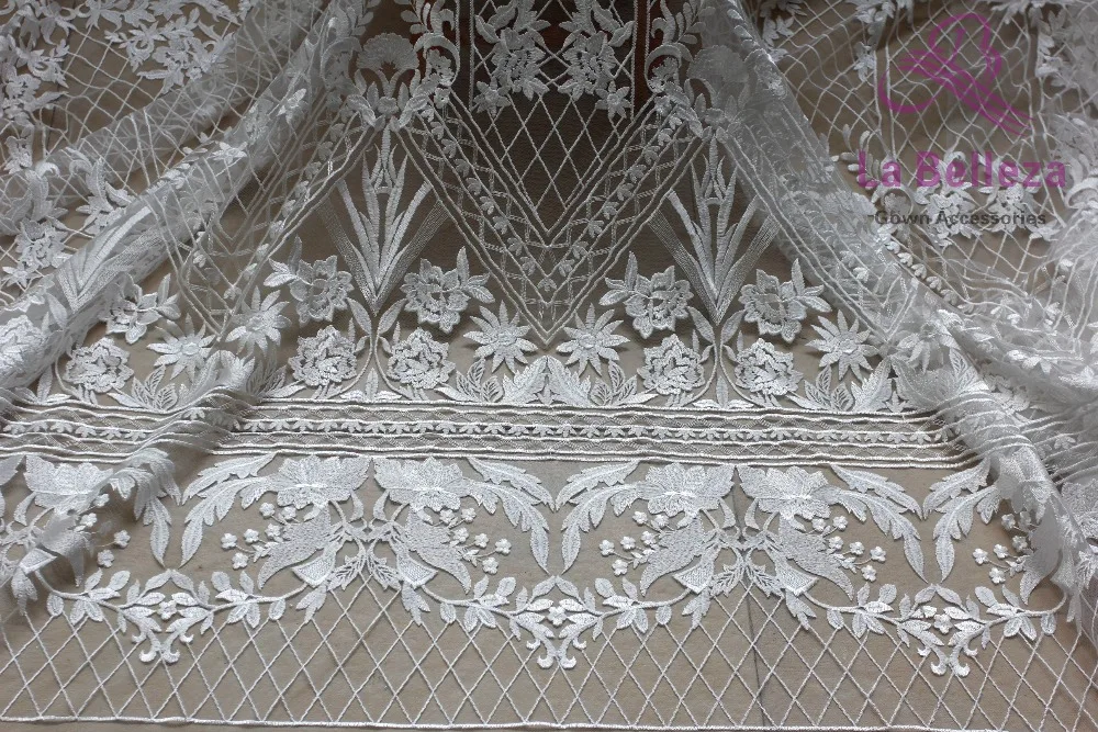 La Belleza белый полиэстер на сетке Вышитые свадебное платье кружевной ткани 130 см ширина для 1 ярд