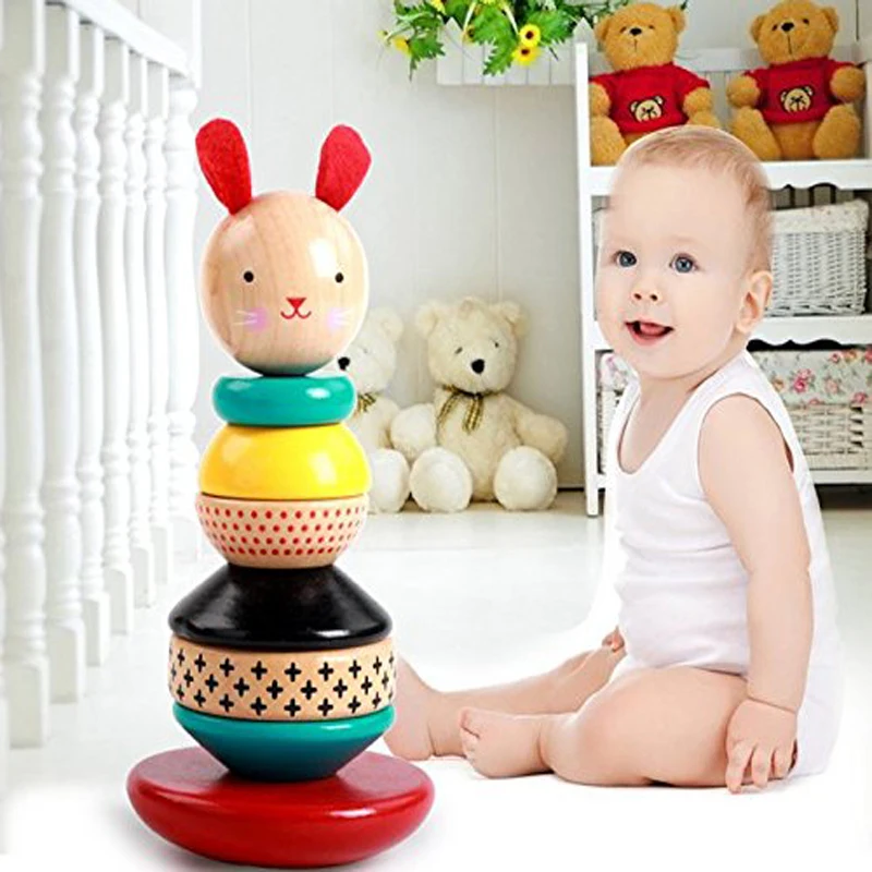 

1 Pcs Baby Kids Wooden Funny Rabbit Shape Tower Building Blocks Colorful Early Development Educational Blocks Toy for Children