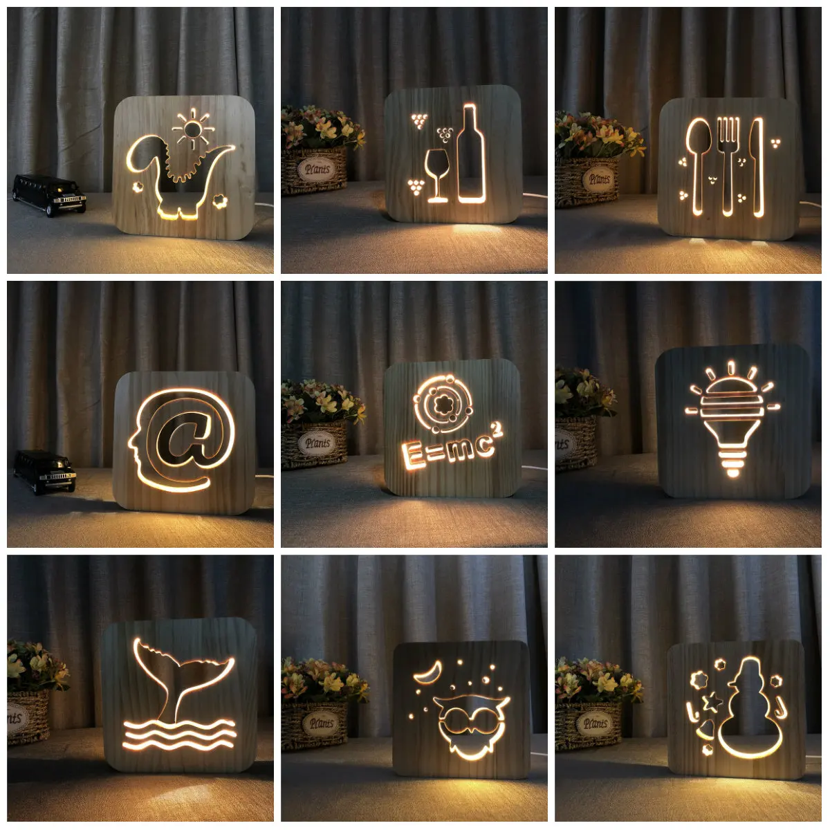 

Decor Nightlight Wooden Night Light Dinosaur Owl @ E=MC Knives Bottle Lovely Decorative Customized USB Desk LED Light IY801101