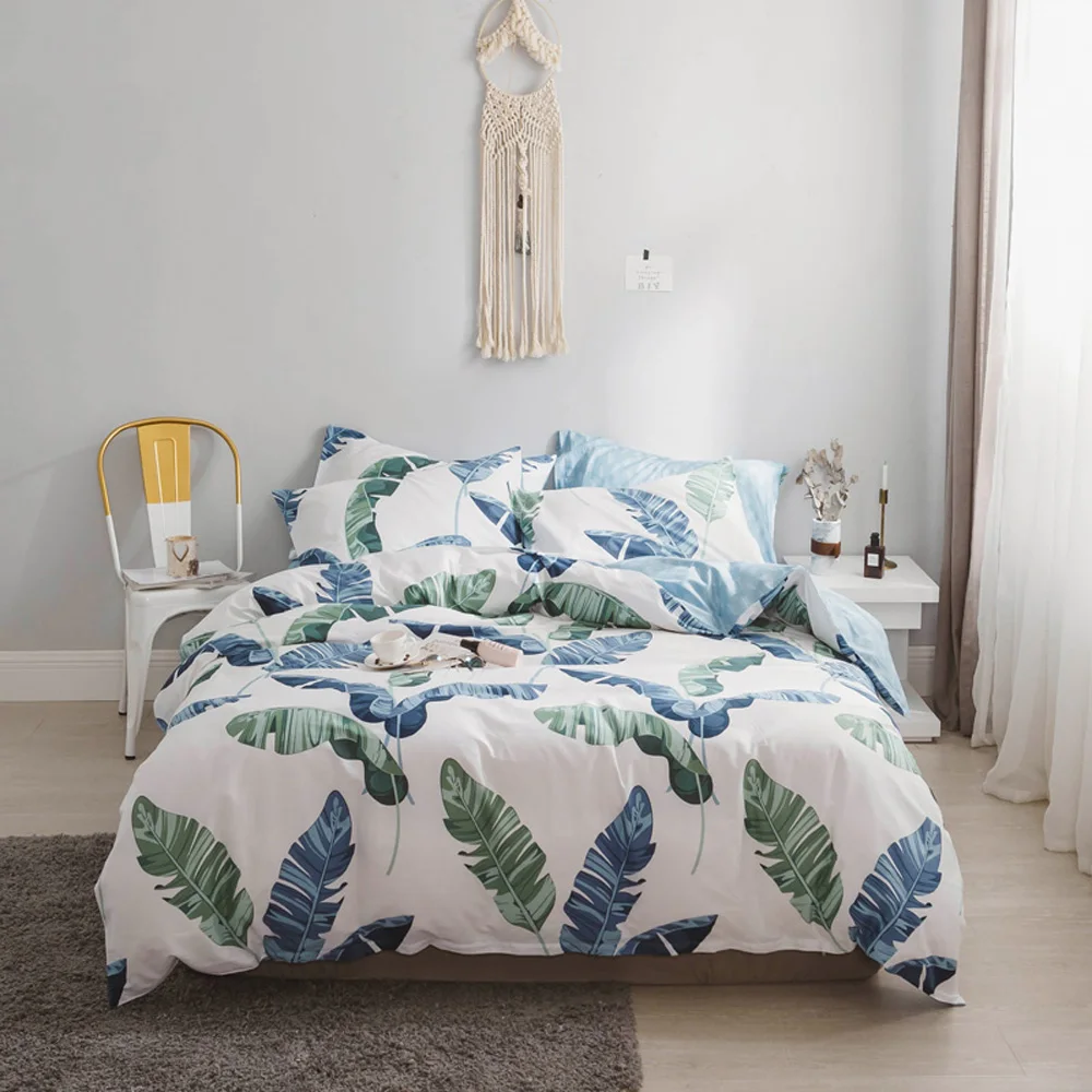 2018 الأزرق الأخضر يترك طباعة Bedlinens Ru أوروبا مزدوجة الملكة حجم غطاء لحاف مجموعة القطن النسيج غطاء السرير سادات