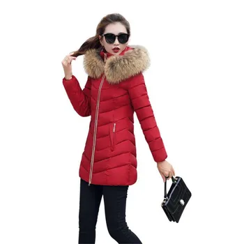 

Plus Size 4XL2019Solid Casual Medium-Long Winter Coats Female Cotton-Padded Slim Winter Jacket Hooded Fake Fur Collar CoatCQ2673