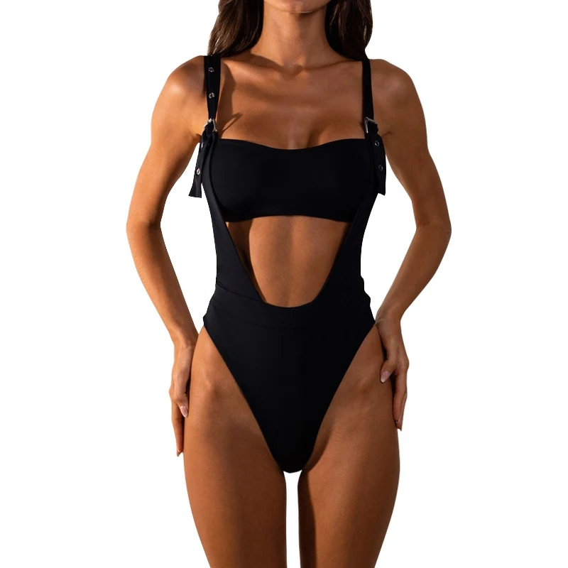 

2019 new sexy women's swimwear swimwear buckles one-piece swimsuit black sexy bandage bikini