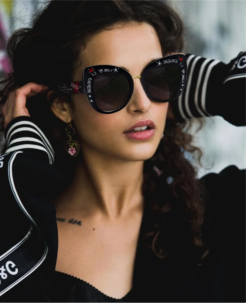 Женские солнцезащитные очки "кошачий глаз", большие размеры, роскошный бренд, кошачий глаз, очки в форме сердца, стильные, граффити, lunette de soleil femme
