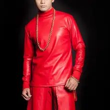 Красный персонализированные человек куртка из искусственной кожи певица этап Мужчины Пальто рок Модные PU одежда мужские куртки и пальто Настраиваемые
