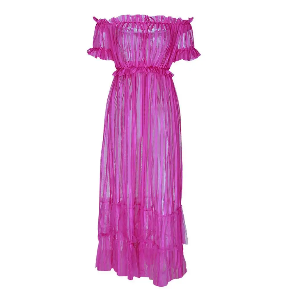 S-3XL 7 цветов с открытыми плечами прозрачное Сетчатое платье макси длинное женское летнее платье Прозрачное платье с оборками для ночного клуба сексуальные вечерние платья W77 - Цвет: Фуксия