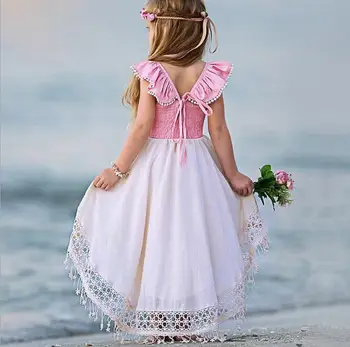 

Ins Girl Crochet Lace Party dresses Asymmetrical Tassels Baby Dress Summer Flutter Sleeveless Backless Beach Dress