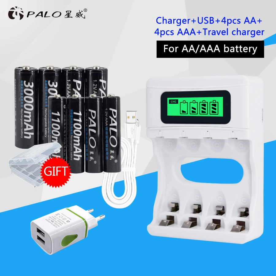 Goede Intelligentie Batterij Lader LCD Display Voor NiCd Ni Mh AA AAA Oplaadbare Batterij + 4 stks AA Batterijen + 4 stks AAA Batterijen + EU Plug