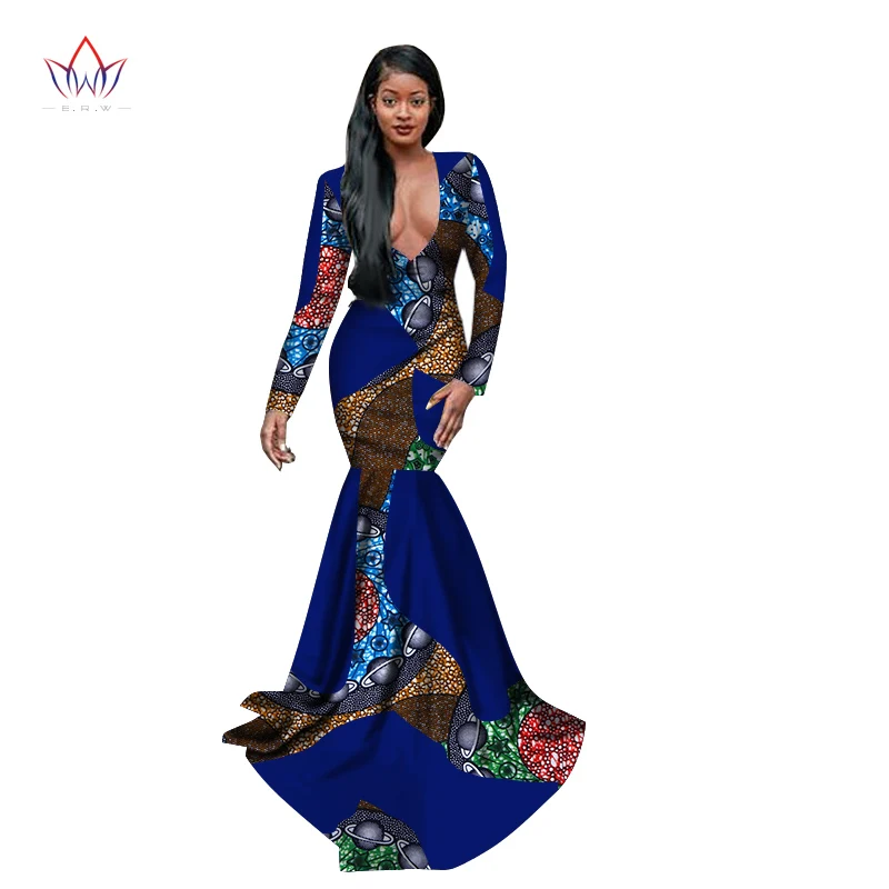 В африканском стиле с принтом длинное платье для Для женщин Bazin Rich изготовленный на заказ "Русалка", из кусков, v-образный вырез, платье с традиционным африканским Костюмы WY2760