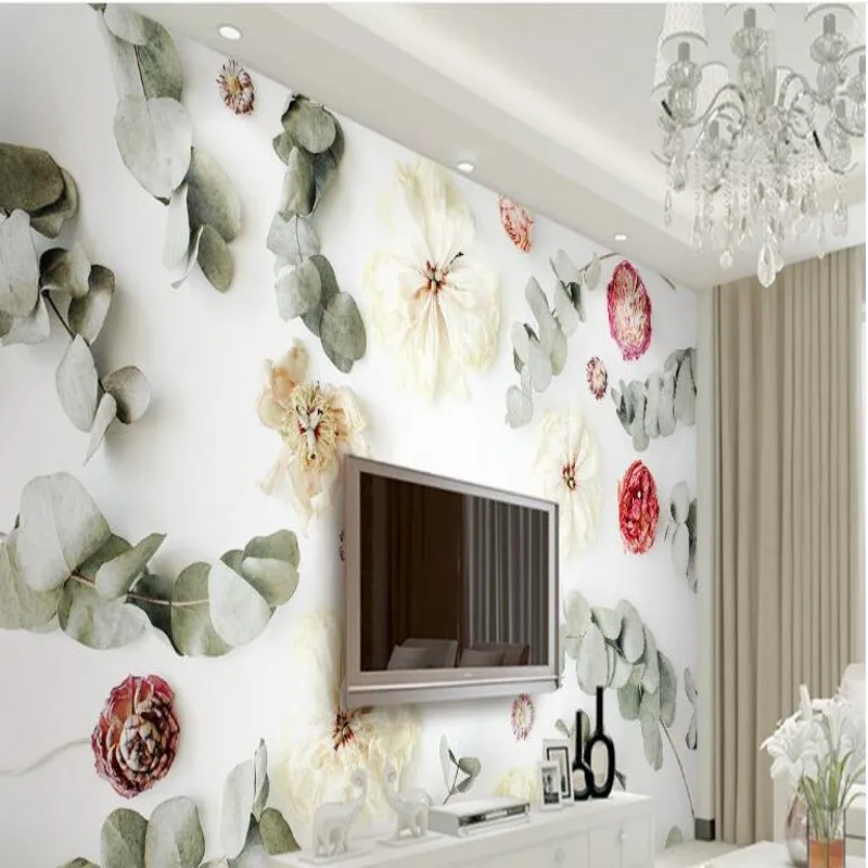 

wellyu Custom large-scale mural 3d fresh scallion rose leaf dry flower TV backdrop wallpaper papel de parede para quarto