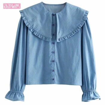 

2019 spring and autumn new Korean version of the solid color long-sleeved casual wild doll collar female shirt was thin tops