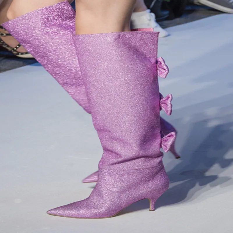 Новинка года; модные женские ботинки с широким голенищем в европейском стиле женские ботинки с острым носком и бантом танцевальная обувь; большие размеры - Цвет: purple