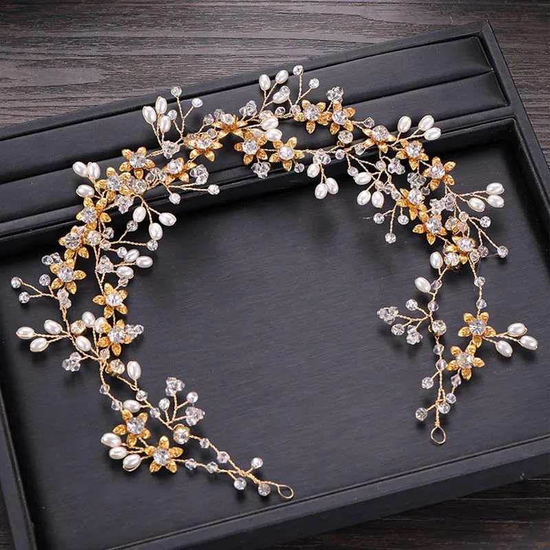 

Gold Crystal Simulated Pearl Flower Bridal Headband Headpiece Bride Tiara Hairband Hair Jewelry Wedding Headdress Accessories SL