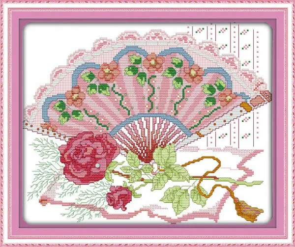 

A rose folding fan Printed on Canvas DMC Counted Chinese Cross Stitch Kits printed Cross-stitch set Embroidery Needlework