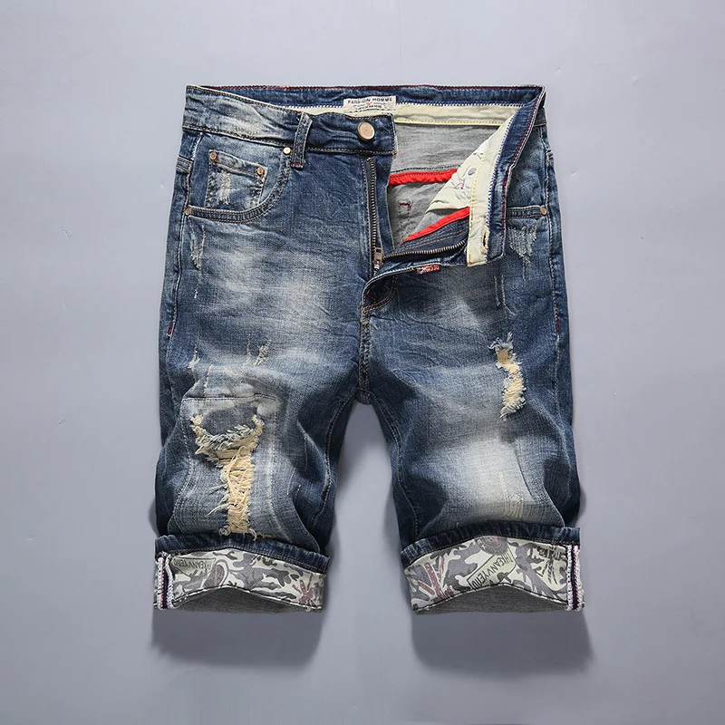 

New mens shorts jeans slim stretch jeans male shorts torn ripped pants clothes trousers hip hop streetwear the Summer