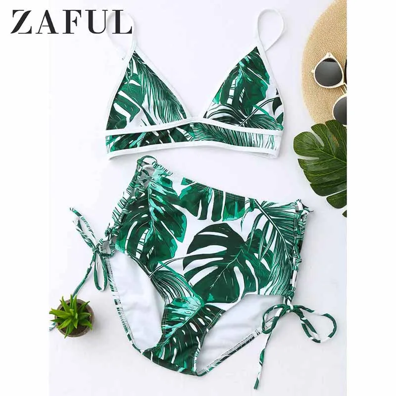  ZAFUL 2019 Women New High Waist Tropical Leaf Print Bikini Set Sexy Female Swimwear Lace Up Plant S