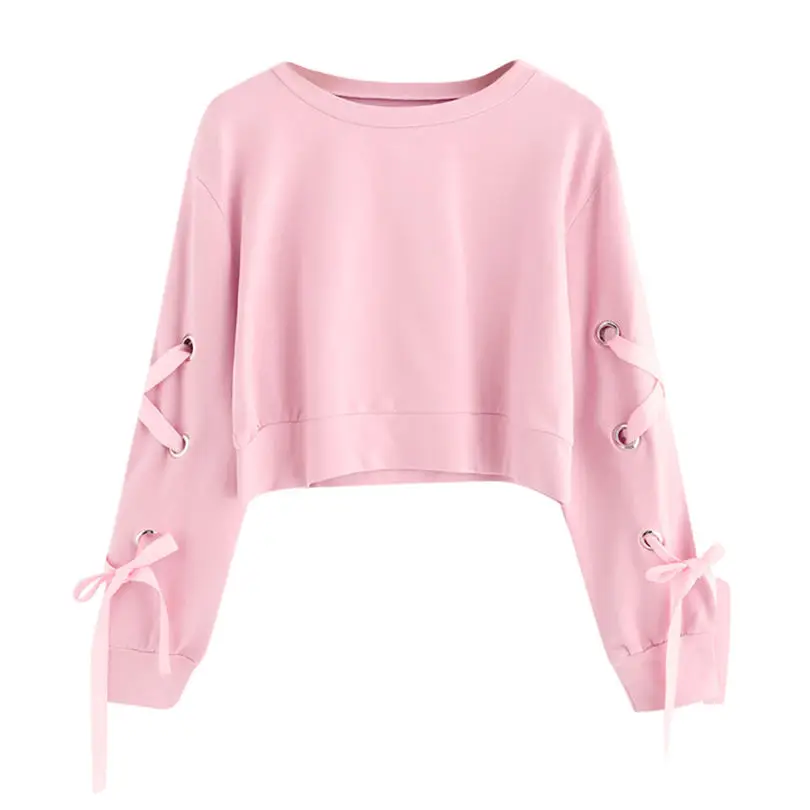 Розовый свитер oversize-худи Для женщин Повседневное на шнуровке пуловер с длинными рукавами Растениеводство Топ Твердые Толстовка Sudadera Mujer