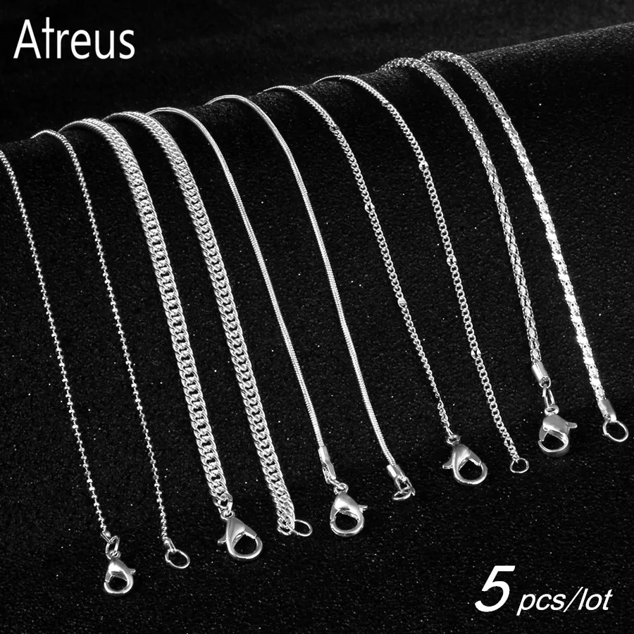 

Atreus 5Pcs/lot 17-19inch Silver Lobster Clasp Pendant Necklace Snake Bead Link Chains DIY Making Jewelry Accessories Wholesale