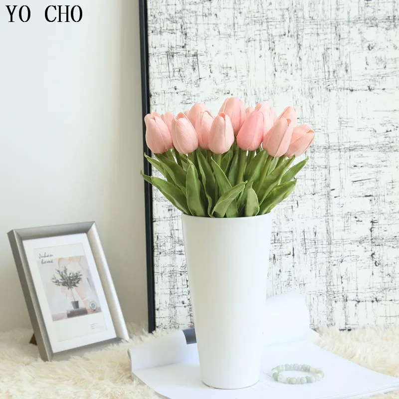 YO CHO 10 Heads Artificial Flowers High Quality PU Mini Tulip Flowers Bouquet For Desktop Balcony Wedding Office Decor Fake Leaf YO CHO 10 Heads Artificial Flowers High Quality PU Mini Tulip Flowers Bouquet For Desktop Balcony Wedding Office Decor Fake Leaf