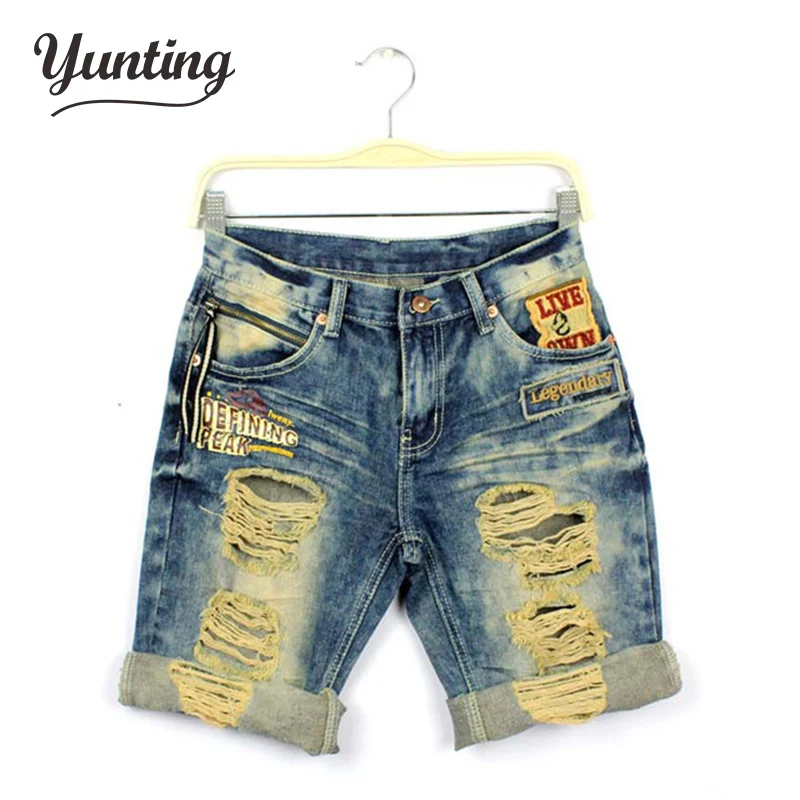 

Men women lover loose cuffed ripped hole jeans shorts 2018 summer new design boyfriend knee-length short denim pants overalls