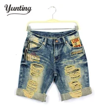 Men women lover loose cuffed ripped hole jeans shorts 2017 summer new design boyfriend knee length