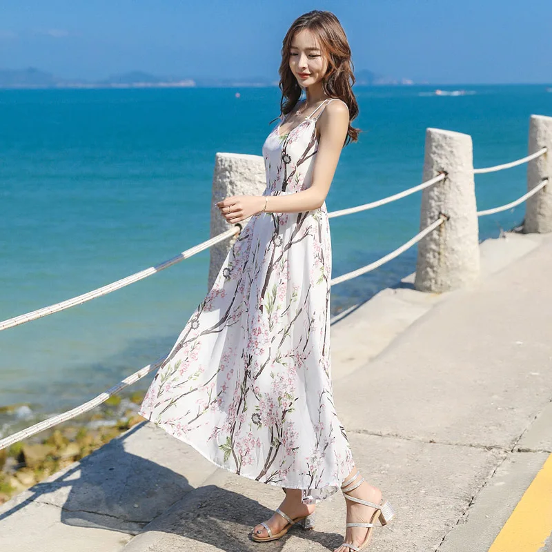 

Women Floral Print White Summer Sundress Female Long Backless Tropical Sexy Girl Elegant Chiffon Cute Maxi Beach Dress Retro New