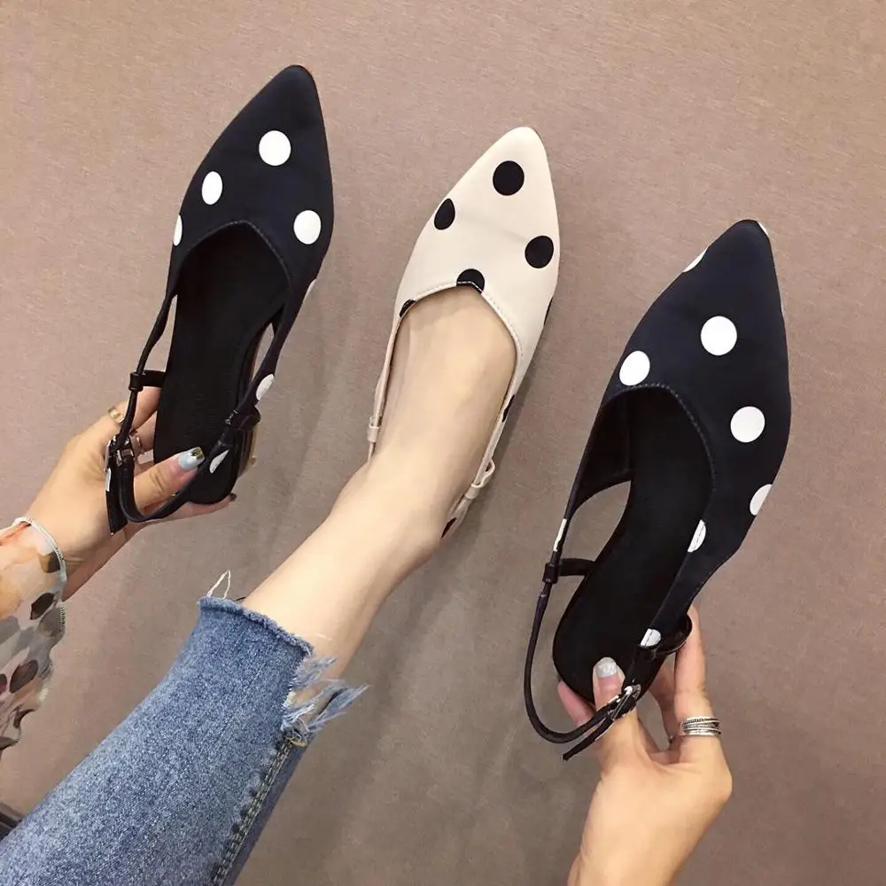 

2019 summer new fairy polka dot low heel sandals elegant pointed close toe shallow buckle slingback sandales tender women shoes