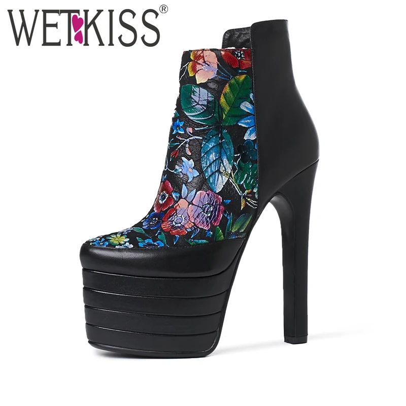WETKISS 2018 Floral Print Cow Leather Ankle Boots Women Super High Heels Thick Platform Shoes Woman Party Bar Sexy Boots Female WETKISS 2018 Floral Print Cow Leather Ankle Boots Women Super High Heels Thick Platform Shoes Woman Party Bar Sexy Boots Female