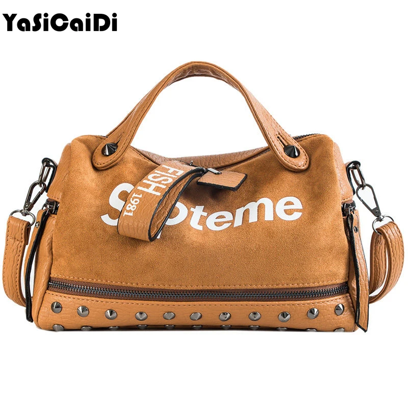 

YASICAIDI PU Leather Women Handbags Fashion Large-capacity Rivet Portable Boston Bag Matte Shoulder Messenger Bag Letter Tote