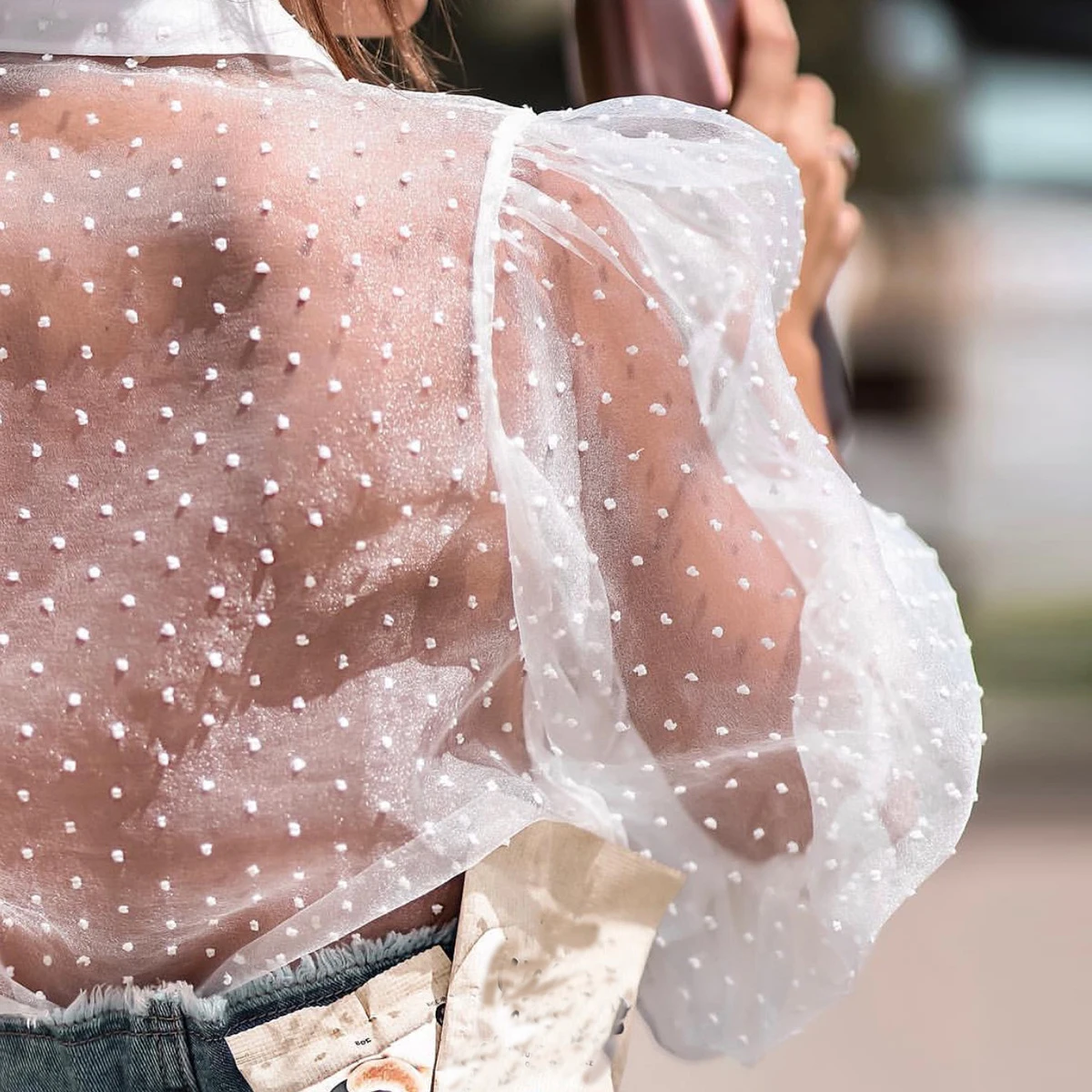 Женская сетчатая прозрачная блузка с длинным рукавом, топ, рубашка, блузка, модная жемчужная пуговица, прозрачная белая рубашка, женские блузы
