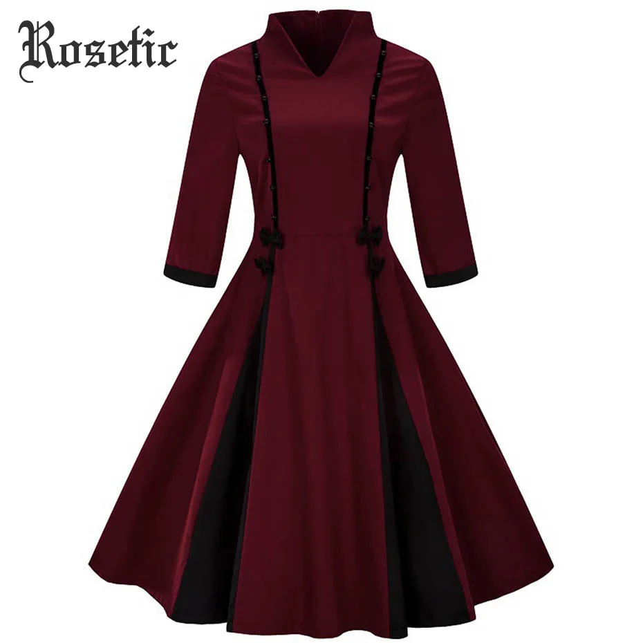 Rosetic Gothic Vintage Women Dress V-Neck Lapel Bow Button Patchwork Elegant Fashion Party Vestidos Autumn Retro Expansion Dress