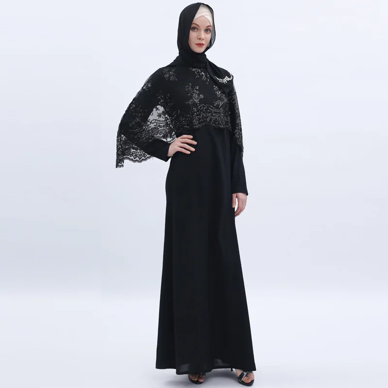 

Two-Piece Set Cape And Dress Muslim Women Long Ripples Dress Dubai New Style Sequin Embroidery Black White Elegant Muslim Cloth