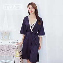 Inplusni Sleep& Lounge женский халат и платье комплект осень женский искусственный шелк Слинг Кружева лед шелк длинная ночная рубашка Модный женский халат набор