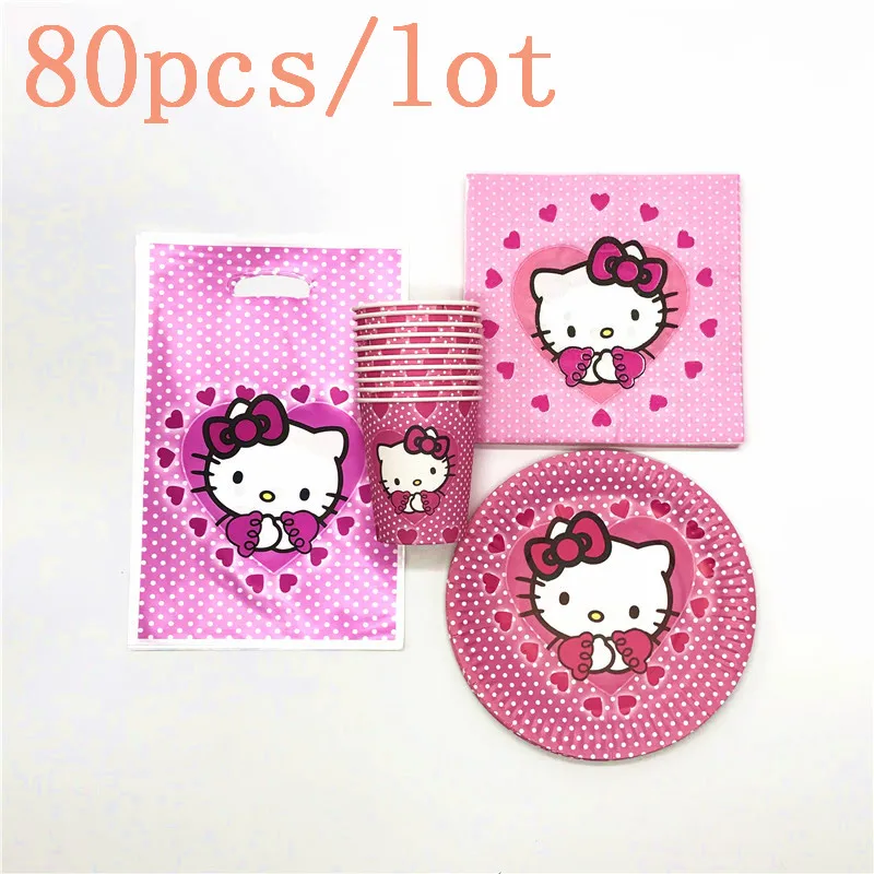 

80Pcs/Lot Disposable Tableware Hello Kitty Theme Design Paper Plates +Cups+Napkins+Gift Bags Birthday Party Supplies