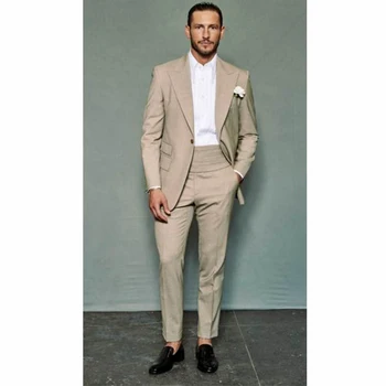 

Men Tuxedos jacket With Pants Custom Homme Khaki Men Dress Suit Slim Wedding Grooms mens suits Peak Lapel Jacket + Pants+Tie
