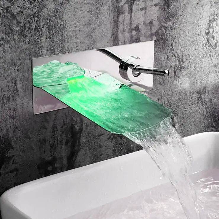 Copper single hole sink basin faucet wall mounted,Brass LED light basin faucet hot and cold,Bathroom wash basin faucet waterfall copper three hole sink basin faucet golden brass handle bathroom bathtub faucet deck wash basin faucet mixer hot and cold
