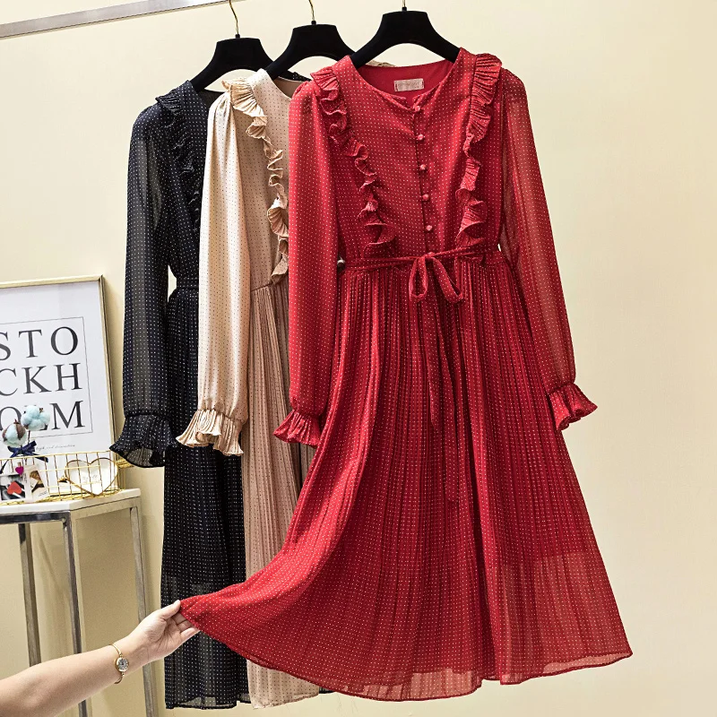 

Frill Ruffles Dots Dress Jacquard Round Neck Daily Apparel Women Fashion Elastic High Waist Long Flare Sleeve Chiffon Dress