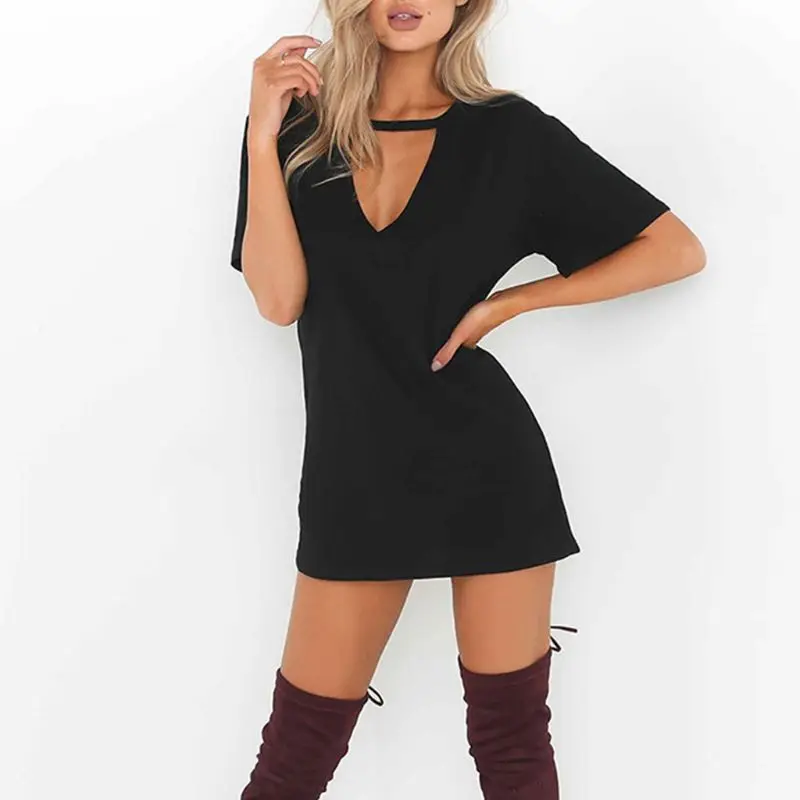 

Womens Short Sleeve Sexy Triangle Hollow Halter T-Shirt Dress Solid Color Deep V-Neck Mini Long Tunic Tops Loose Pullover Blouse