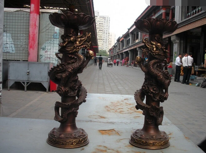 

xd 003255 15"China Royal Red Bronze Carved Dragons Candle Holder candlestick pair
