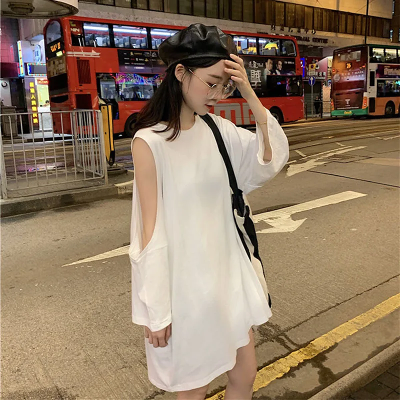 

casual loose Spring and autumn full hollow out white o-neck off shoulder ladies tops Women's Clothing fashion brand T-Shirts