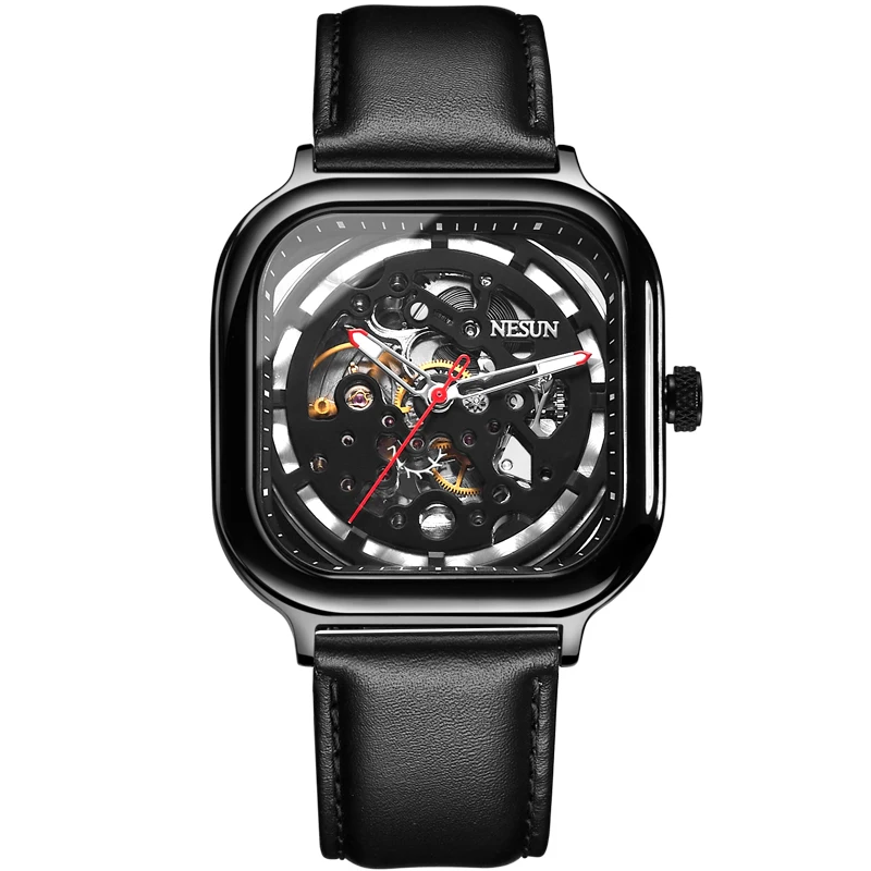 NESUN квадратные модные часы Мужские автоматические полые механические наручные часы светящиеся часы из нержавеющей стали мужские часы montre homme - Цвет: Leather-Black