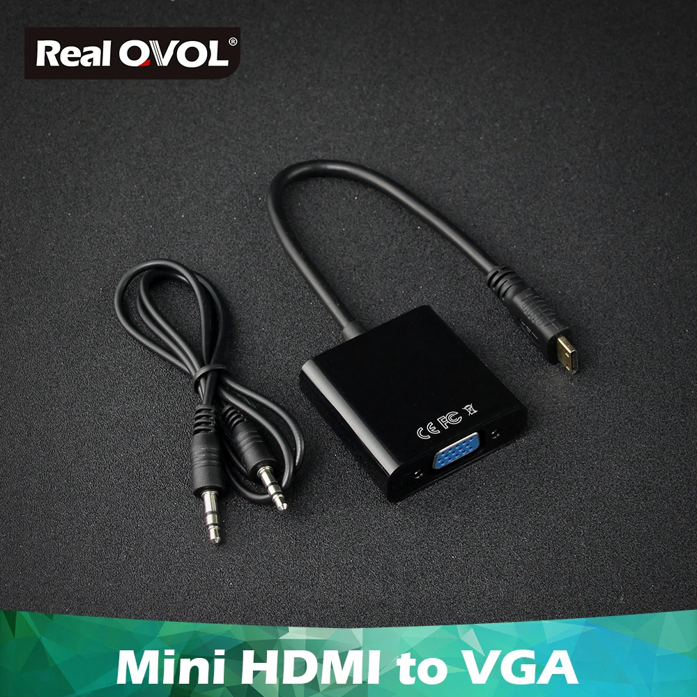 

RealQvol Mini HDMI To VGA Cable Adapter Mini-HDMI Male to VGA Female Adapter Audio Line For Laptop Notebook Monitors
